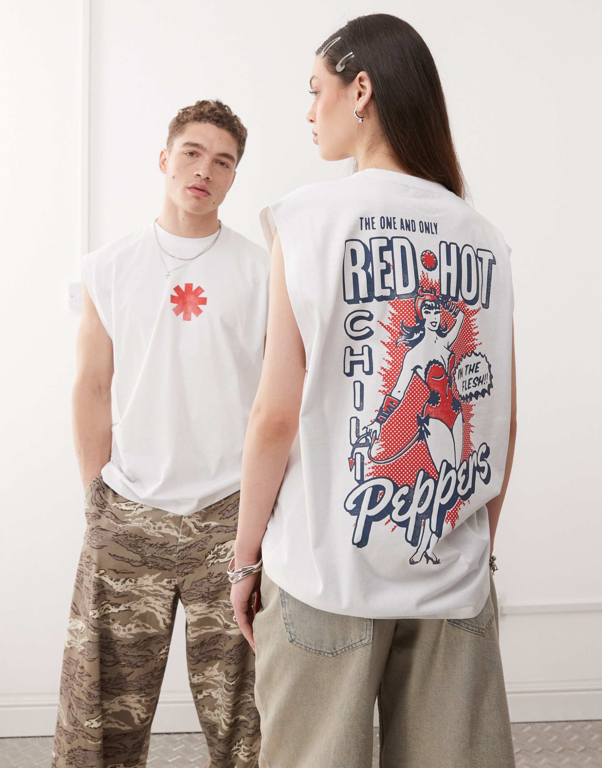 asos design unisex oversized tank with red hot chili peppers prints in white