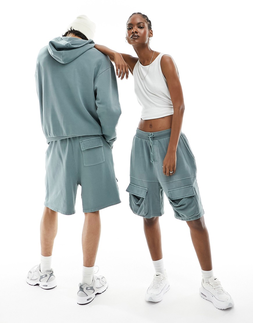 Asos Design Unisex Oversized Utility Shorts In Washed Teal With Cargo Pockets - Part Of A Set-blue