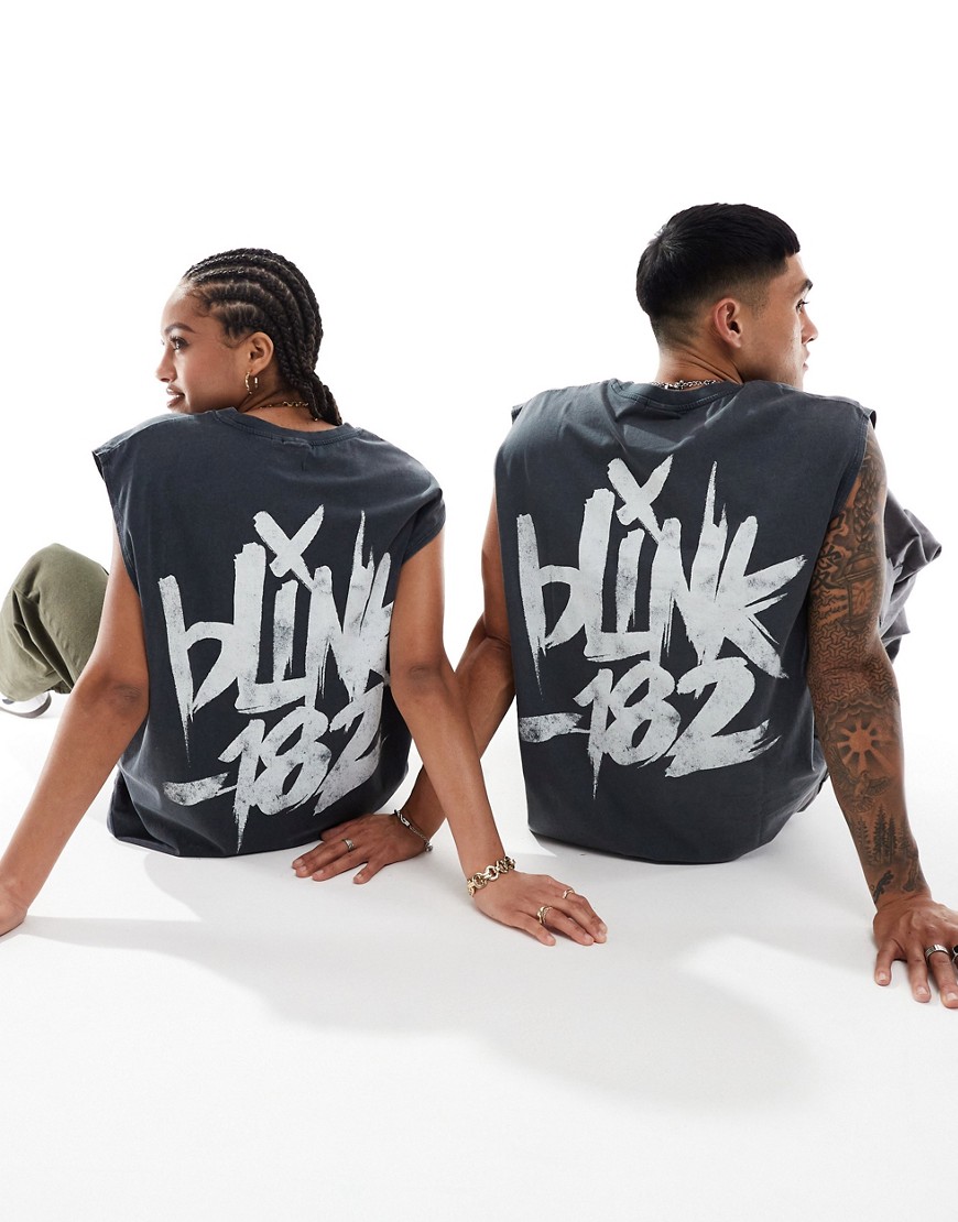 ASOS DESIGN unisex oversized vest in washed black with Blink 182 graphic prints
