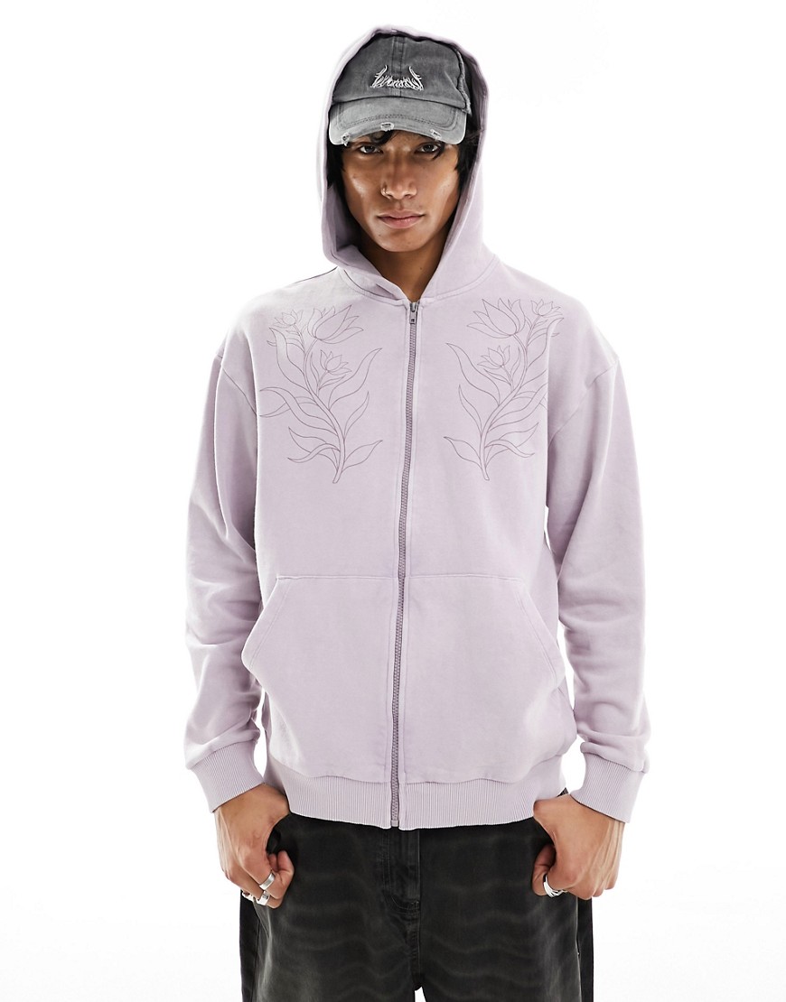ASOS DESIGN unisex oversized zip through hoodie in washed purple with floral print