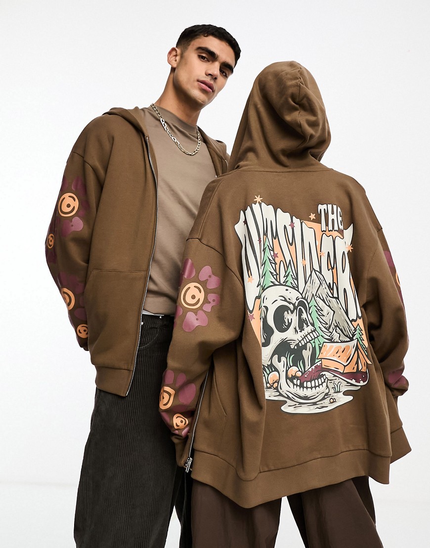 Asos Design Unisex Oversized Zip Up Hoodie In Brown With Outdoors Back & Sleeve Print