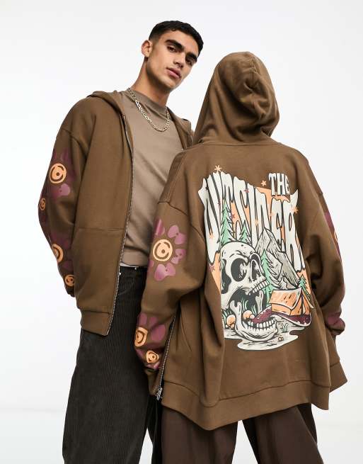 ASOS DESIGN unisex oversized zip up hoodie in brown with outdoors back &  sleeve print