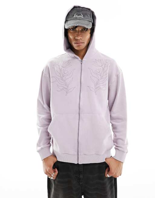 ASOS DESIGN unisex oversized zip up hoodie in washed purple with floral print ASOS