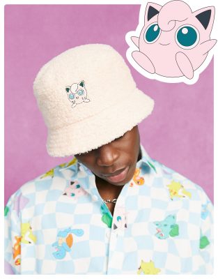 ASOS DESIGN Unisex Pokemon bucket hat with Jigglypuff embroidery in pink borg