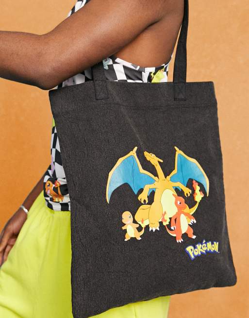 ASOS DESIGN Unisex Pokemon cotton tote bag with Charmander evolution print in washed black, 2 of 4