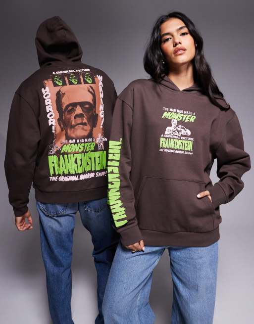 ASOS DESIGN unisex Relaxed hoodie with Frankenstein print in brown, 3 of 4