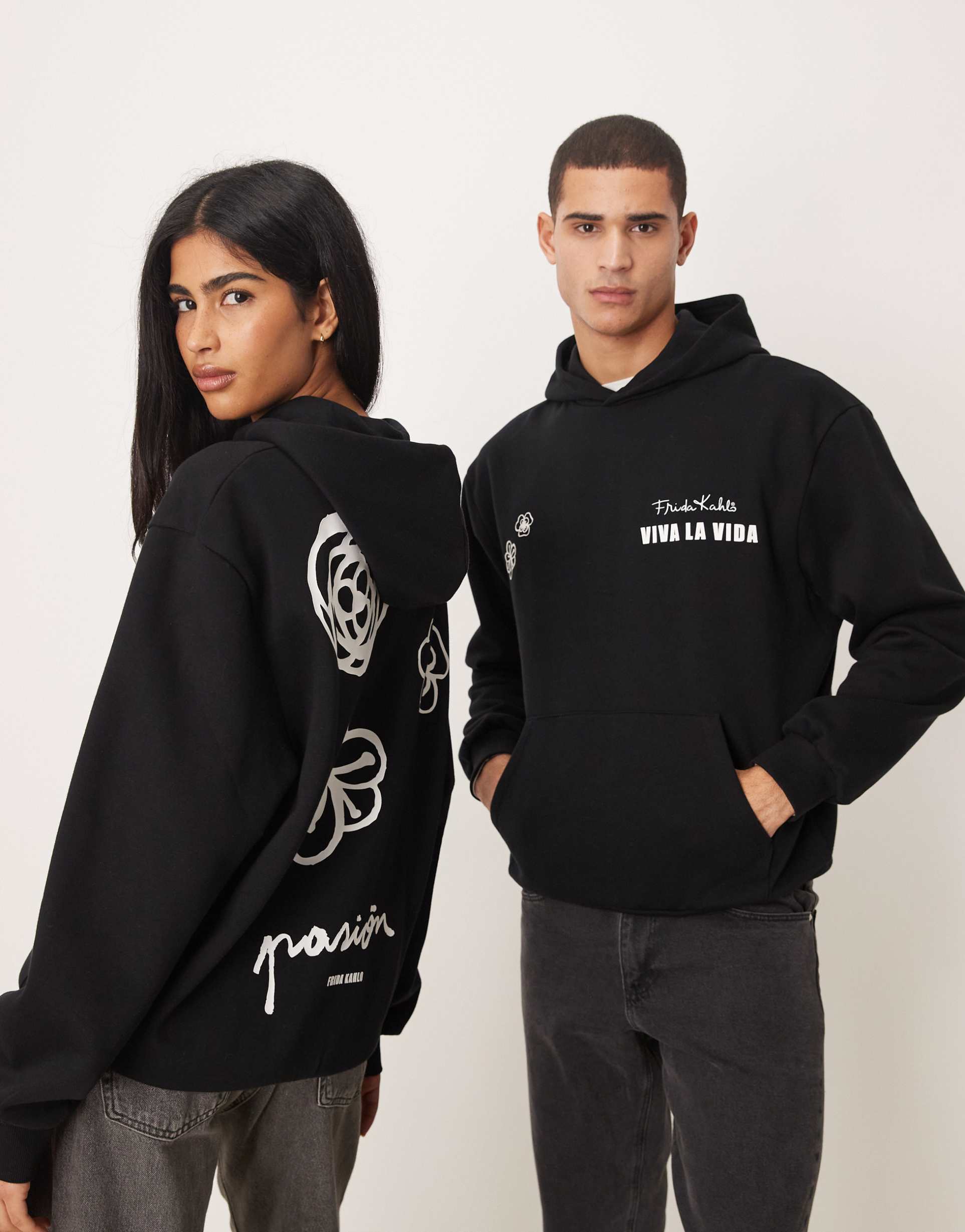 asos design unisex relaxed hoodie with frida kahlo prints in black