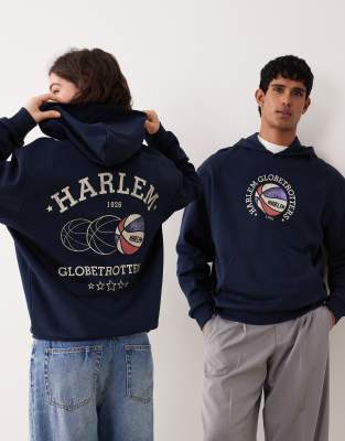 Asos Design Unisex Relaxed Hoodie With Harlem Globetrotters Basketball Prints In Blue