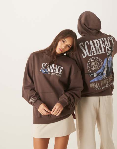 ASOS DESIGN unisex relaxed hoodie with Scarface print in brown - view 1