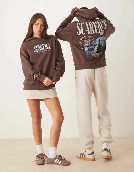 ASOS DESIGN unisex relaxed hoodie with Scarface print in brown