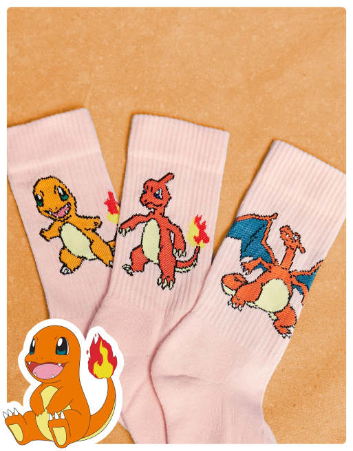 ASOS DESIGN – Unisex – Rosa träningsstrumpor med Charmander Evolution Pokémon-design, 3-pack