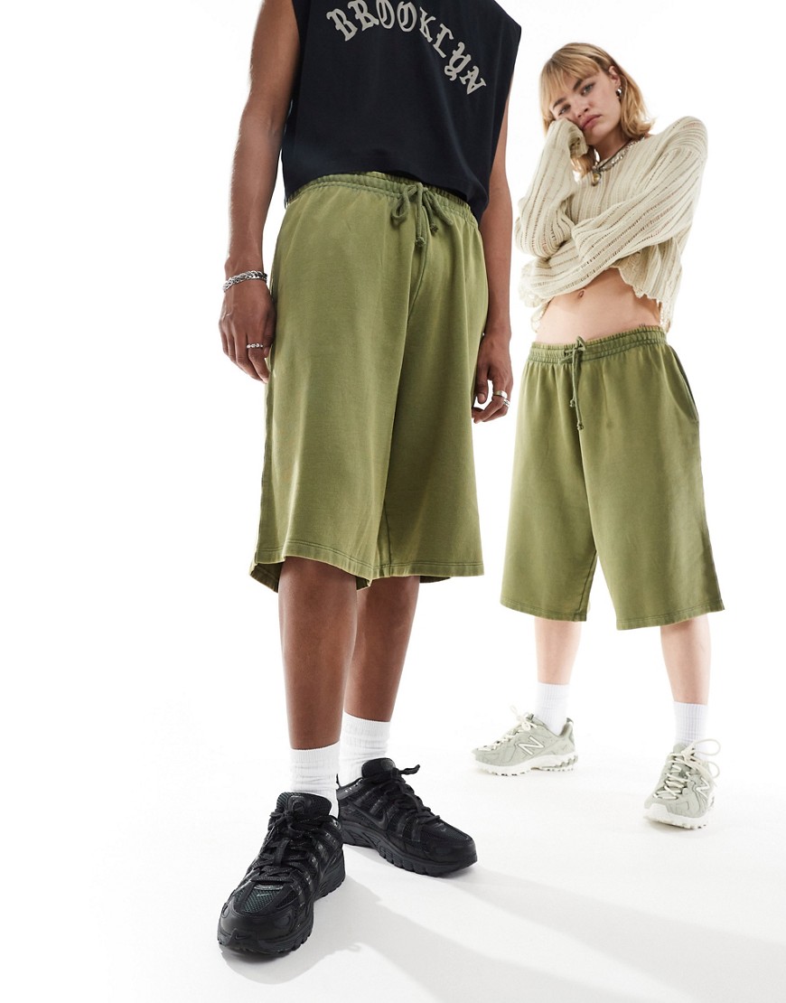 Asos Design Unisex Shorts In Washed Khaki-green