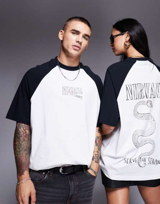 ASOS DESIGN - Unisex - Sort og hvid raglan-t-shirt med oversized pasform og Nirvana-print