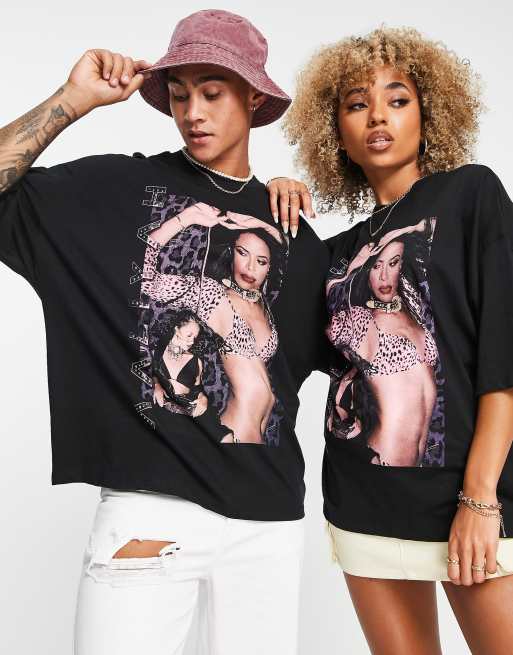ASOS DESIGN - Unisex - Sort oversized T-shirt med Aaliyah-print med rhinsten