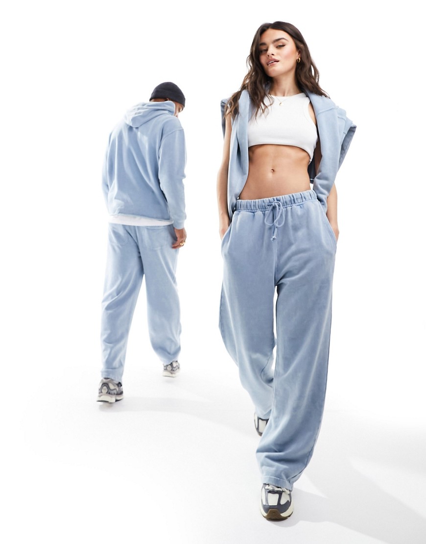 unisex straight sweatpants in washed denim blue - part of a set