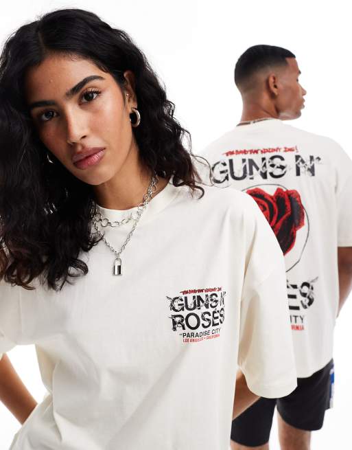 ASOS DESIGN Unisex – Szarobeżowy T-shirt oversize z grafiką z motywem zespołu Guns N' Roses