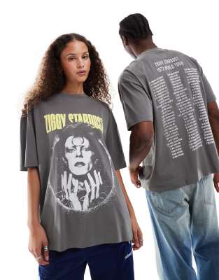 ASOS DESIGN - Unisex-T-Shirt in Anthrazit mit „Bowie"-Print und Oversize-Schnitt-Grau