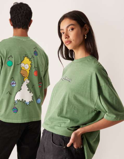 ASOS DESIGN – Unisex-T-Shirt in Dunkelgrün mit „The Simpsons“-Weihnachts-Print und Oversize-Schnitt - view 1