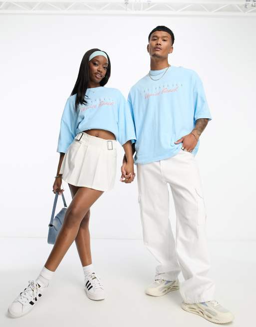 ASOS DESIGN – Unisex-T-Shirt in Oversize-Passform in blauer Waschung mit Grafik-Print auf der Vorderseite 