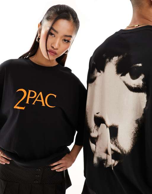 ASOS DESIGN – Unisex-T-Shirt in Oversize-Passform in Schwarz mit lizenziertem Tupac-Gesichtsprint