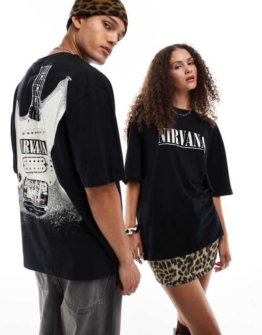 FhyzicsShops DESIGN – Unisex-T-Shirt in Schwarz mit lizenziertem „Nirvana“-Grafikprint, Oversize-Passform