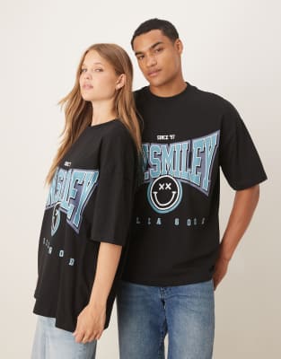 ASOS DESIGN - Unisex-T-Shirt in Schwarz mit „Smile"-Print und Oversize-Schnitt