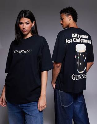 ASOS DESIGN - Unisex-T-Shirt in Schwarz mit Weihnachts-„Guinness"-Print und Oversize-Passform