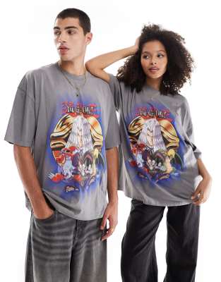 ASOS DESIGN - Unisex-T-Shirt in verwaschenem Grau mit „Yu-Gi-Oh"-Prints und Oversize-Passform-Neutral