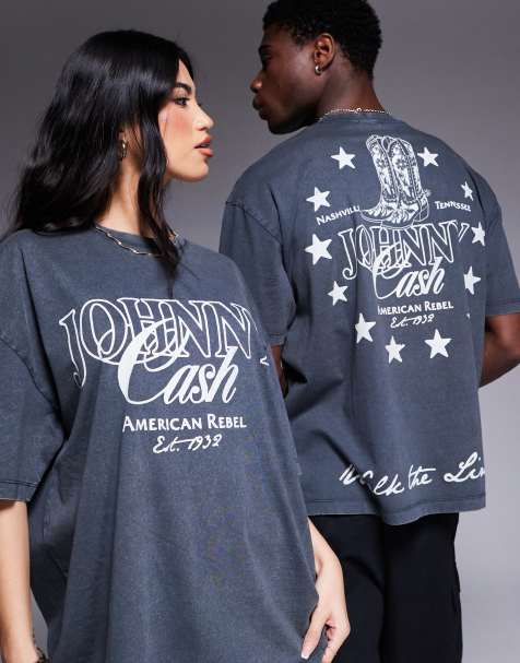 ASOS DESIGN – Unisex-T-Shirt in verwaschenem Schwarz mit Johnny-Cash-Prints und Oversize-Schnitt - view 1