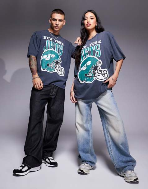 ASOS DESIGN – Unisex-T-Shirt in verwaschenem Schwarz mit lizenziertem „New York Jets“-Print - view 1