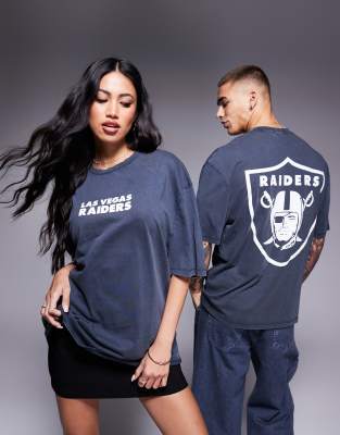 ASOS DESIGN - Unisex-T-Shirt in verwaschenem Schwarz mit lizenzierten „NFL Raiders"-Prints