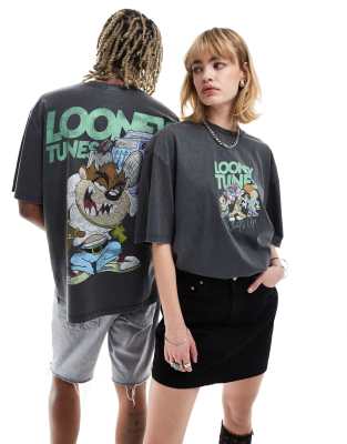 ASOS DESIGN - Unisex-T-Shirt in verwaschenem Schwarz mit „Looney Tunes"-Grafikprints und Oversize-Schnitt