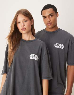 ASOS DESIGN - Unisex-T-Shirt in verwaschenem Schwarz mit Oversize-Passform und Star Wars Episode I-Prints