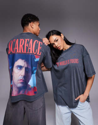 ASOS DESIGN - Unisex-T-Shirt in verwaschenem Schwarz mit Oversize-Schnitt und „Scarface"-Prints