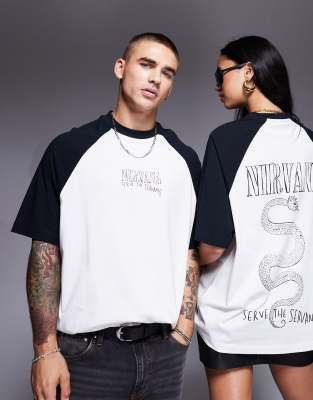 ASOS DESIGN - Unisex-T-Shirt in Weiß mit „Nirvana"-Prints, Oversize-Schnitt und Raglanärmeln