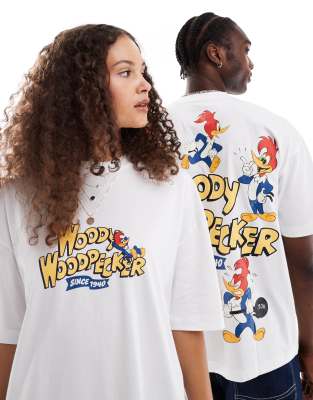 ASOS DESIGN - Unisex-T-Shirt in Weiß mit Oversize-Passform und lizenzierten Woody-Woodpecker-Prints