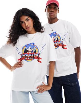 ASOS DESIGN - Unisex-T-Shirt in Weiß mit Oversize-Schnitt und „Sonic The Hedgehog"-Print