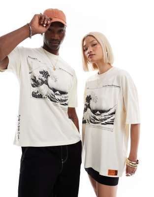 ASOS DESIGN - Unisex-T-Shirt in Wollweiß mit „Hokusai"-Prints und Oversize-Schnitt