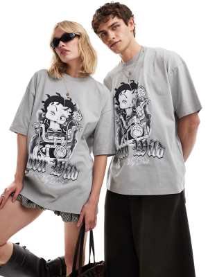 ASOS DESIGN - Unisex-T-Shirt mit Oversize-Schnitt in Hellgrau mit lizenziertem Betty-Boop-Print