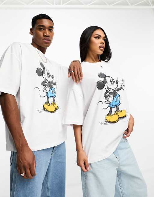 ASOS DESIGN Unisex – T-shirt oversize w kolorze złamanej bieli z nadrukiem z naszkicowaną Myszką Miki