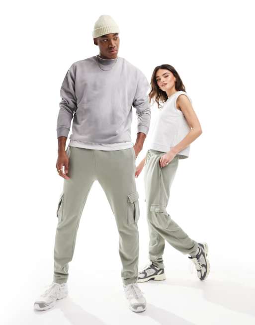 ASOS DESIGN unisex tapered sweatpants with cargo pockets in washed green, 2 of 4
