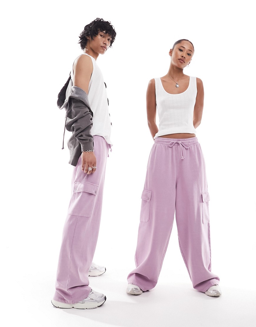 unisex wide leg sweatpants in washed pink with cargo pockets-Brown