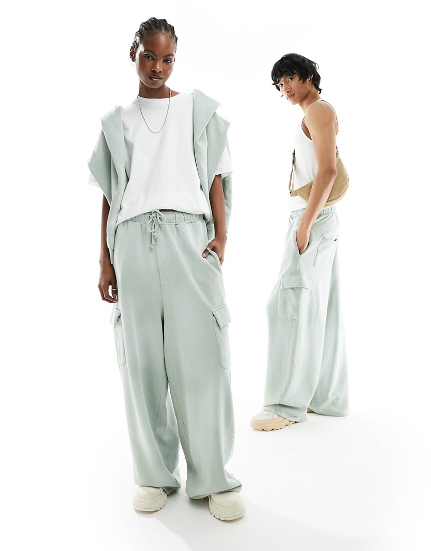unisex wide leg sweatpants with cargo pockets in washed green - part of a set