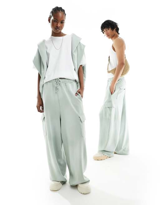 FhyzicsShops DESIGN unisex wide leg trackies with cargo pockets in washed green (part of a set)