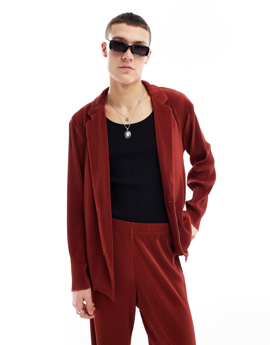 ASOS DESIGN unlined slouchy oversized plisse suit jacket in red-Brown
