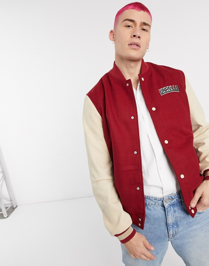 ASOS DESIGN Unrivalled Supply leather varsity bomber jacket in red