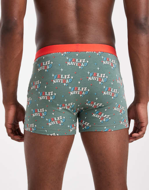 ASOS DESIGN – Unterhose in Grün mit weihnachtlichen „Feliz Navidad“-Motiven, 2 von 3