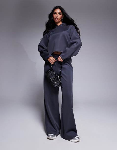 ASOS DESIGN – Łupkowoszary zestaw z tkaniny scuba z bluzą z kapturem z rękawami typu kokon i joggersami - view 1