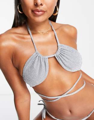 Asos Design Upside Down Triangle Wrap Around Bikini Top In Silver Glitter