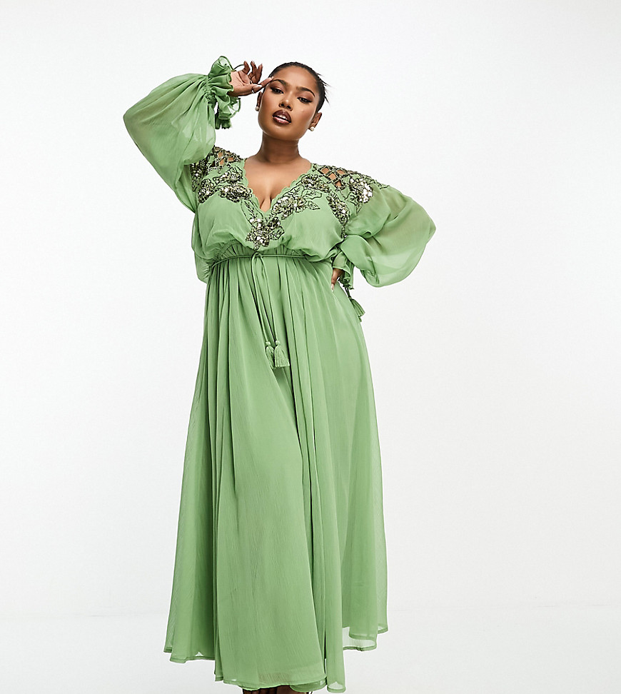 Asos Curve Asos Design Us Exclusive Curve Embellished Floral And Lattice Detail Midi Dress In Forest Green